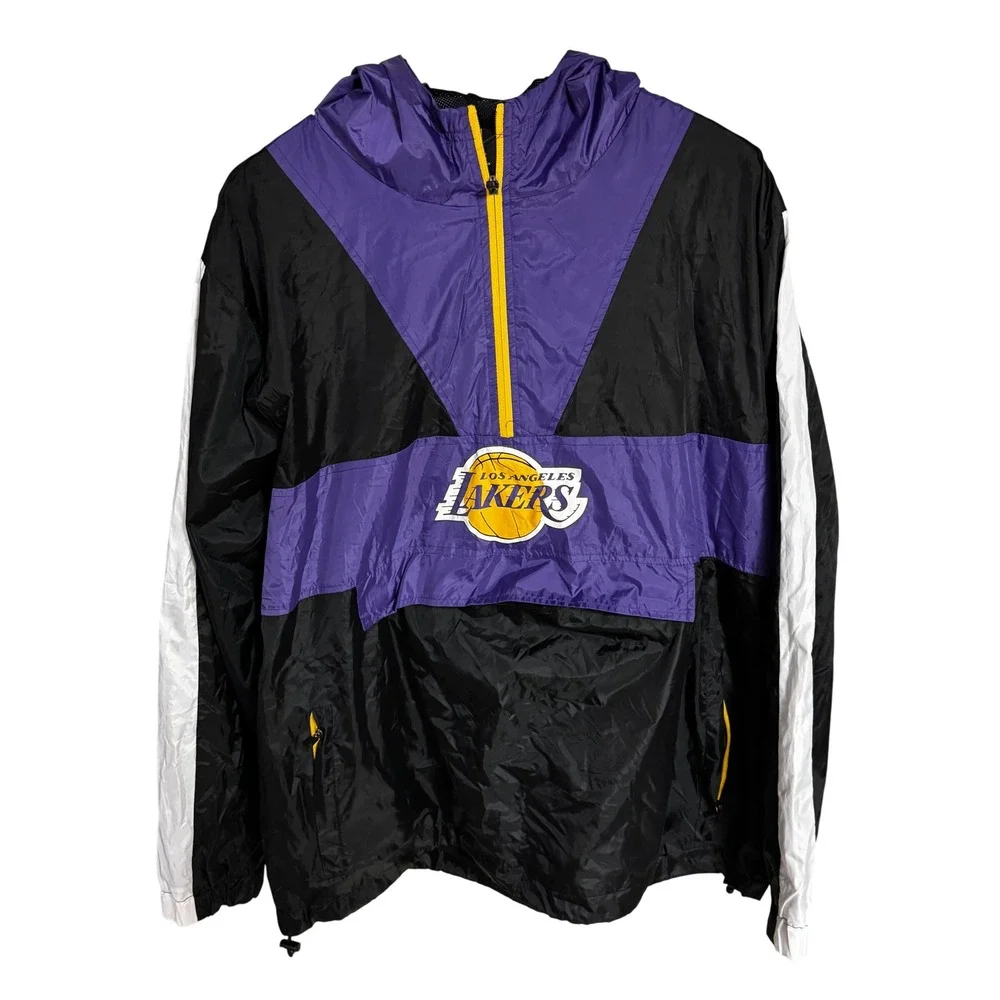 NBA Los Angeles Lakers Windbreaker Jacket Mens XL Purple Black Quarter Zip Hood - Picture 2 of 9